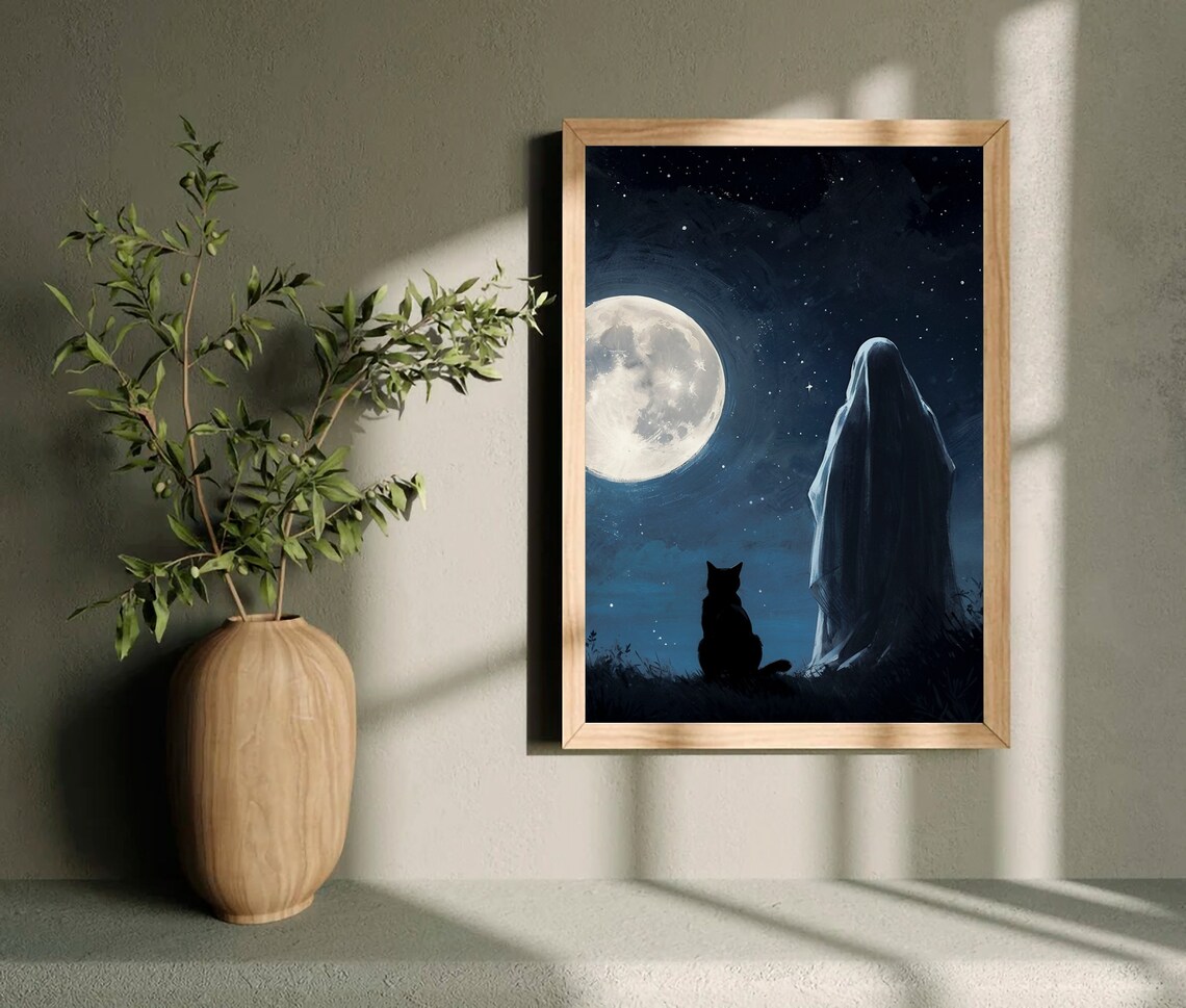 Ghost And Black Cat Gazing At A Full Moon In A Starry Night Sky Painting Poster - Image 3