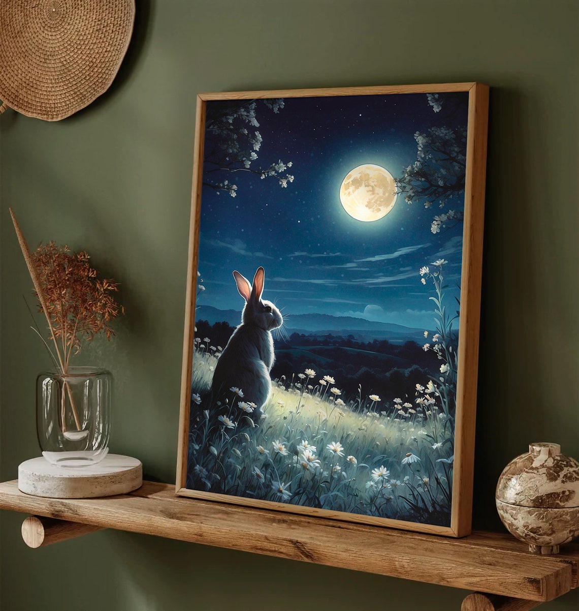 Rabbit Silhouette Gazing at Full Moon in Daisy Field Night Art Print - Image 3