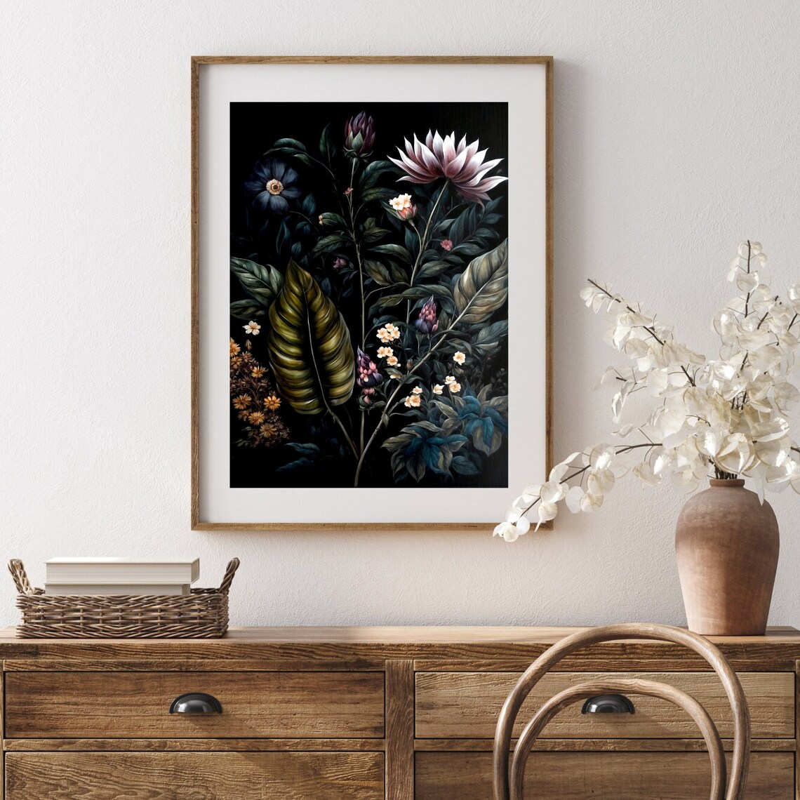 Moody Dark Botanical Dahlia Flowers Vintage Oil Painting Wall Art - Image 3