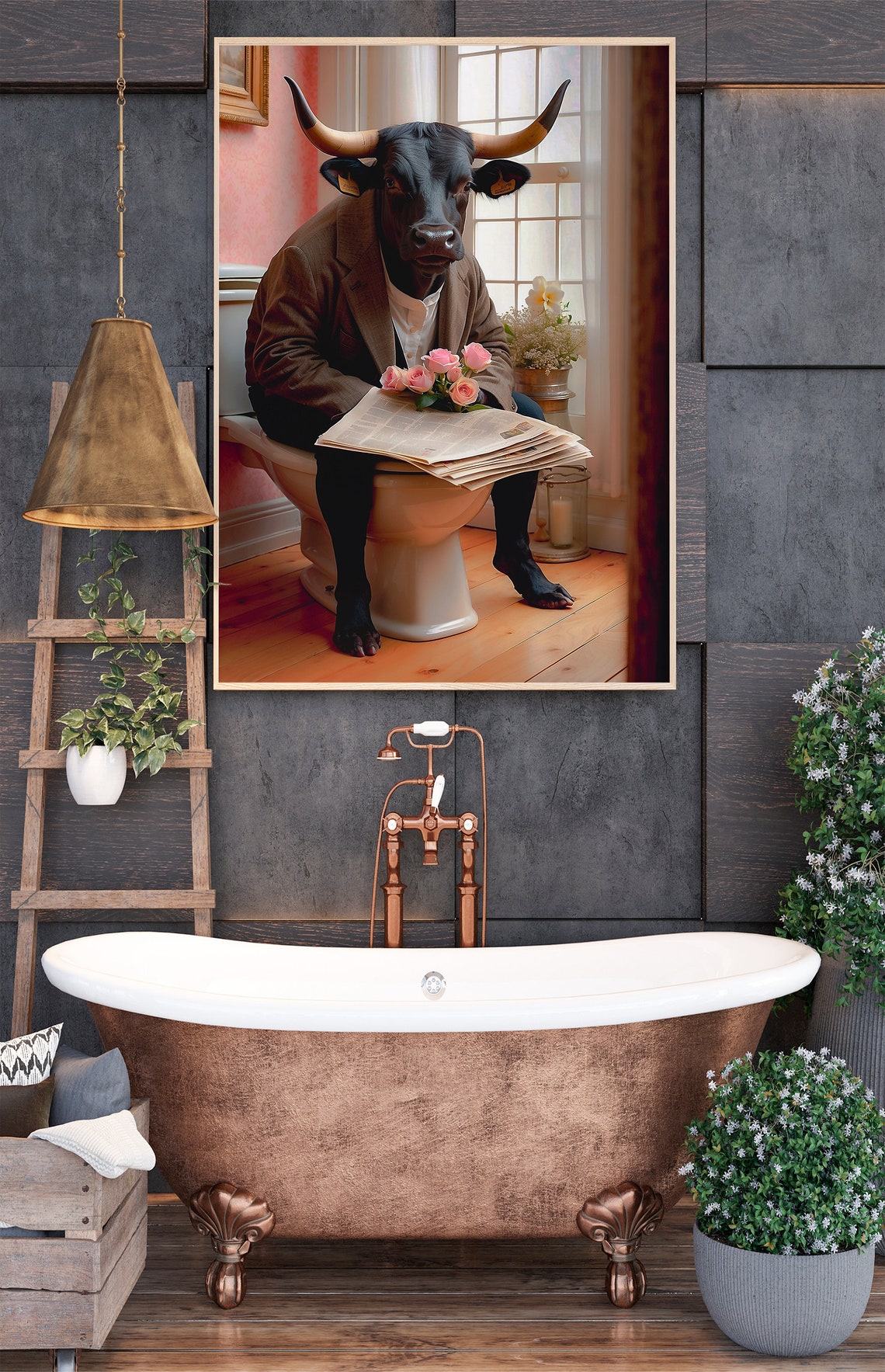 Dapper Longhorn Bull In Blazer Reading On Toilet Funny Poster - Image 2