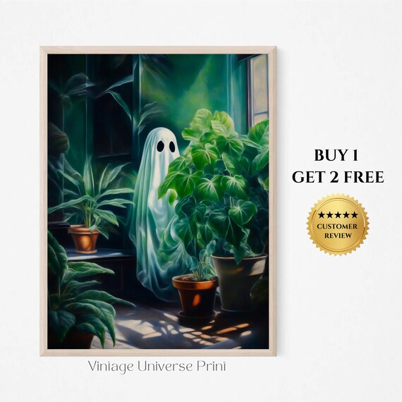 Ghost Hiding Among Houseplants Sunlit Window Cute Vintage Poster