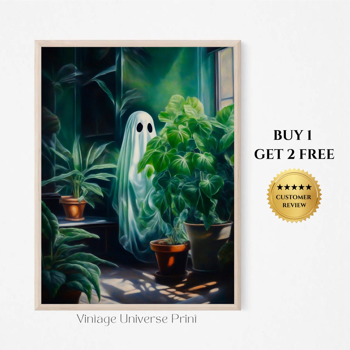 Ghost Hiding Among Houseplants Sunlit Window Cute Vintage Poster
