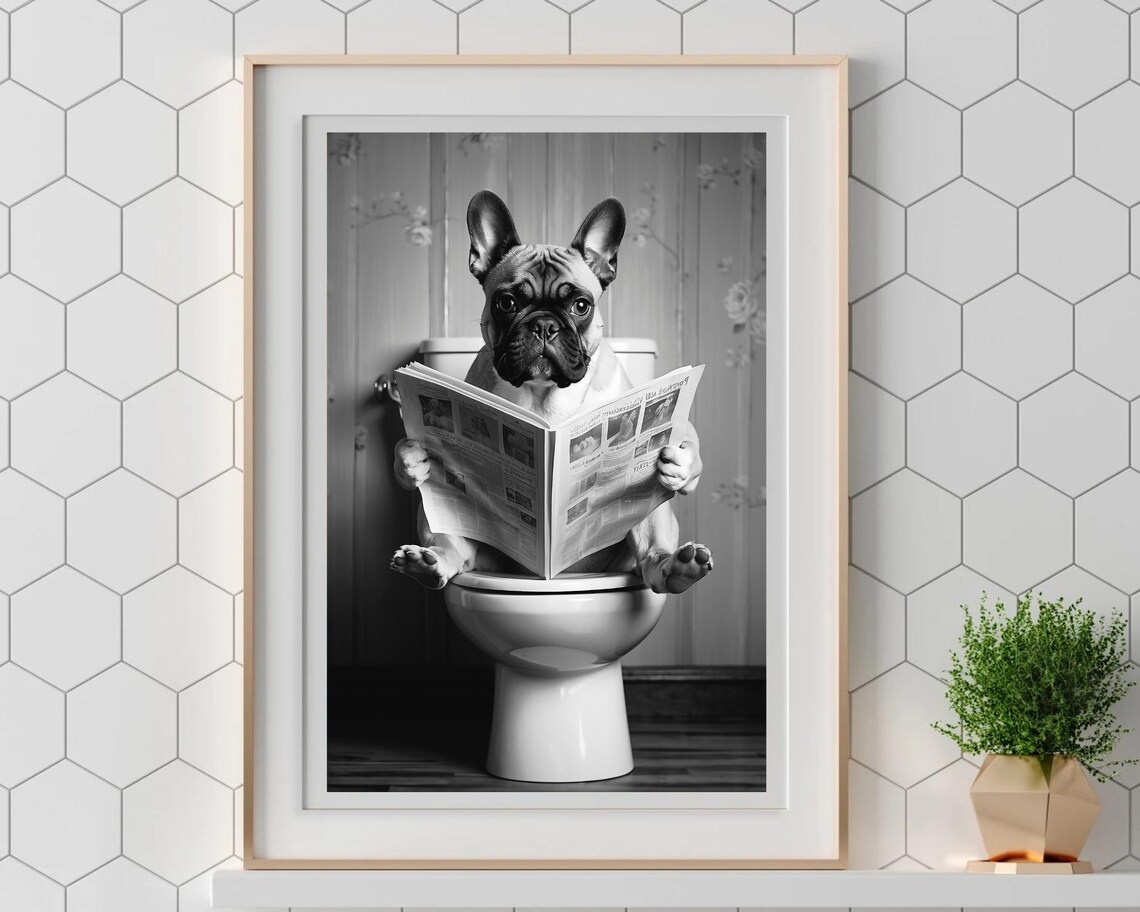 French Bulldog Reading Newspaper On The Toilet Funny Dog Poster - Image 5