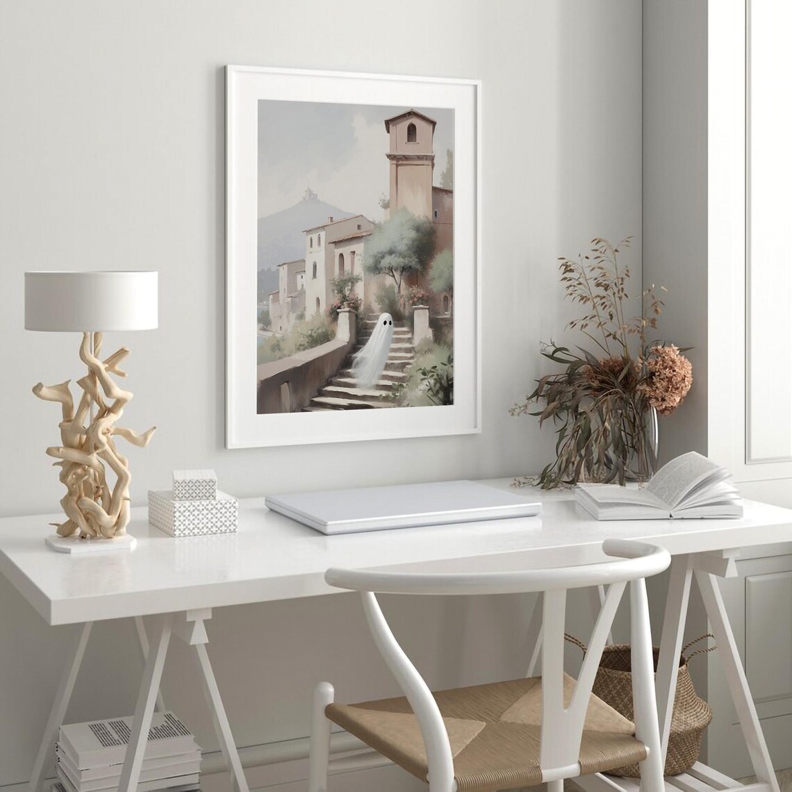 Ghost On Villa Stairs Italian Countryside Vintage Halloween Poster - Image 2