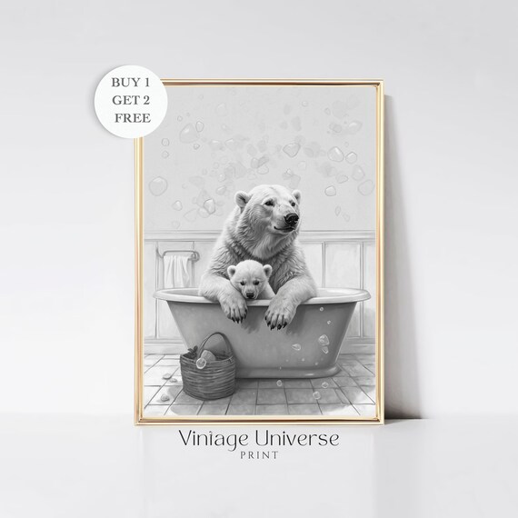 Polar Bear And Cub In A Bubble Bathtub Black And White Poster