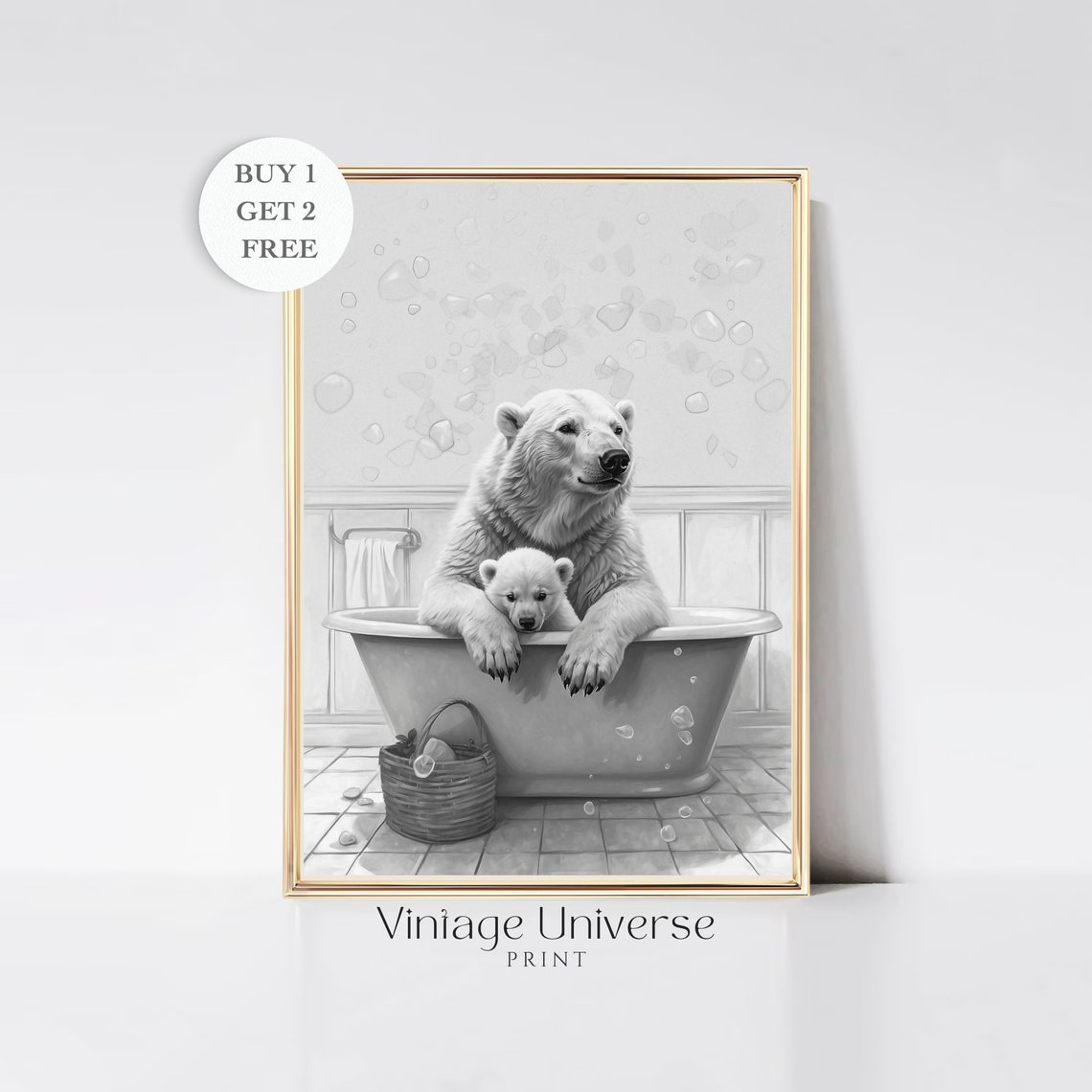 Polar Bear And Cub In A Bubble Bathtub Black And White Poster