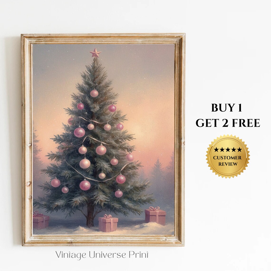 Christmas Tree With Pink Ornaments And Gifts Festive Holiday Poster