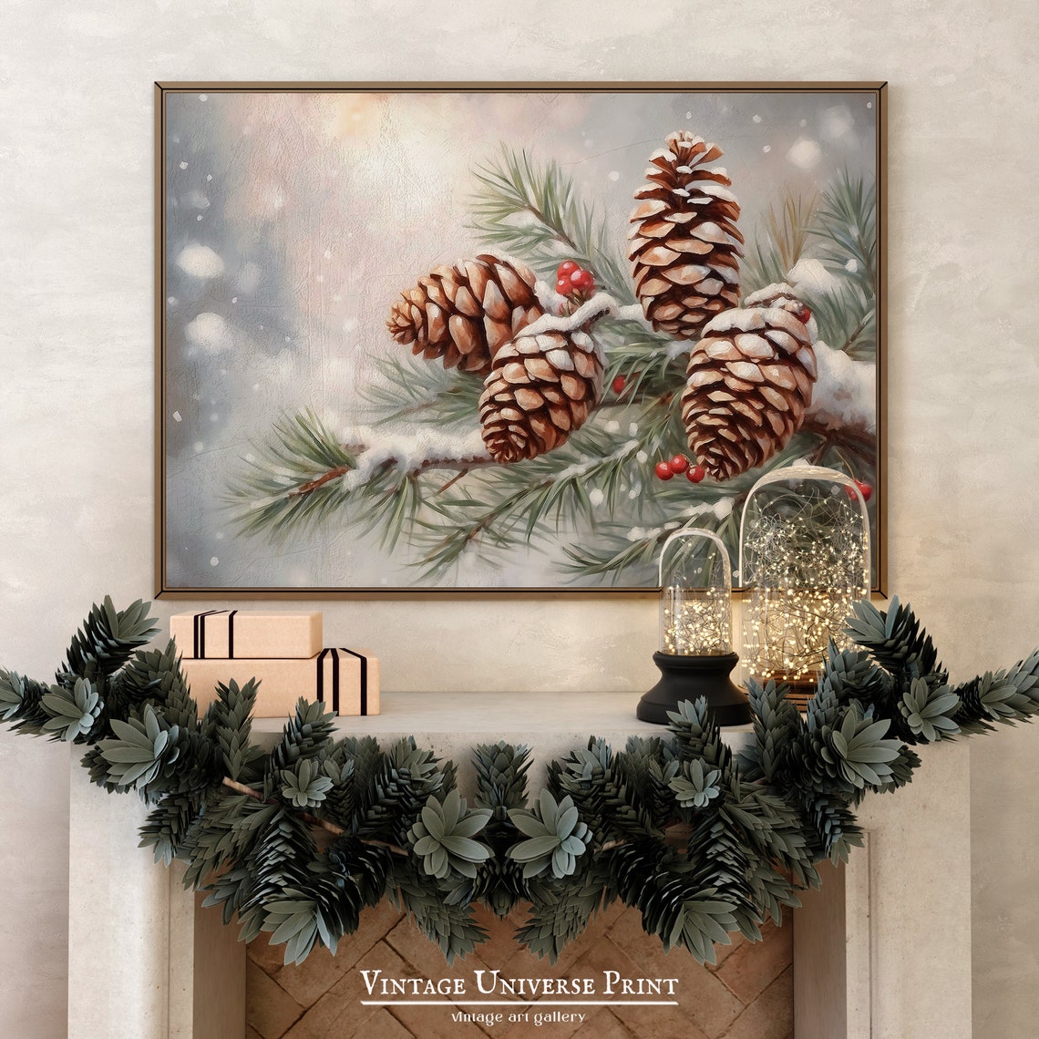 Snow Covered Pinecones on a Frosty Pine Branch Winter Botanical Print - Image 2