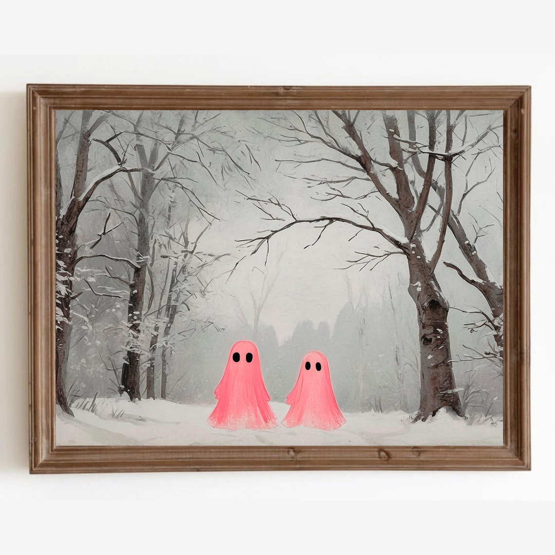 Two Pink Ghosts in Snowy Bare Tree Forest Quiet Winter Print - Image 4