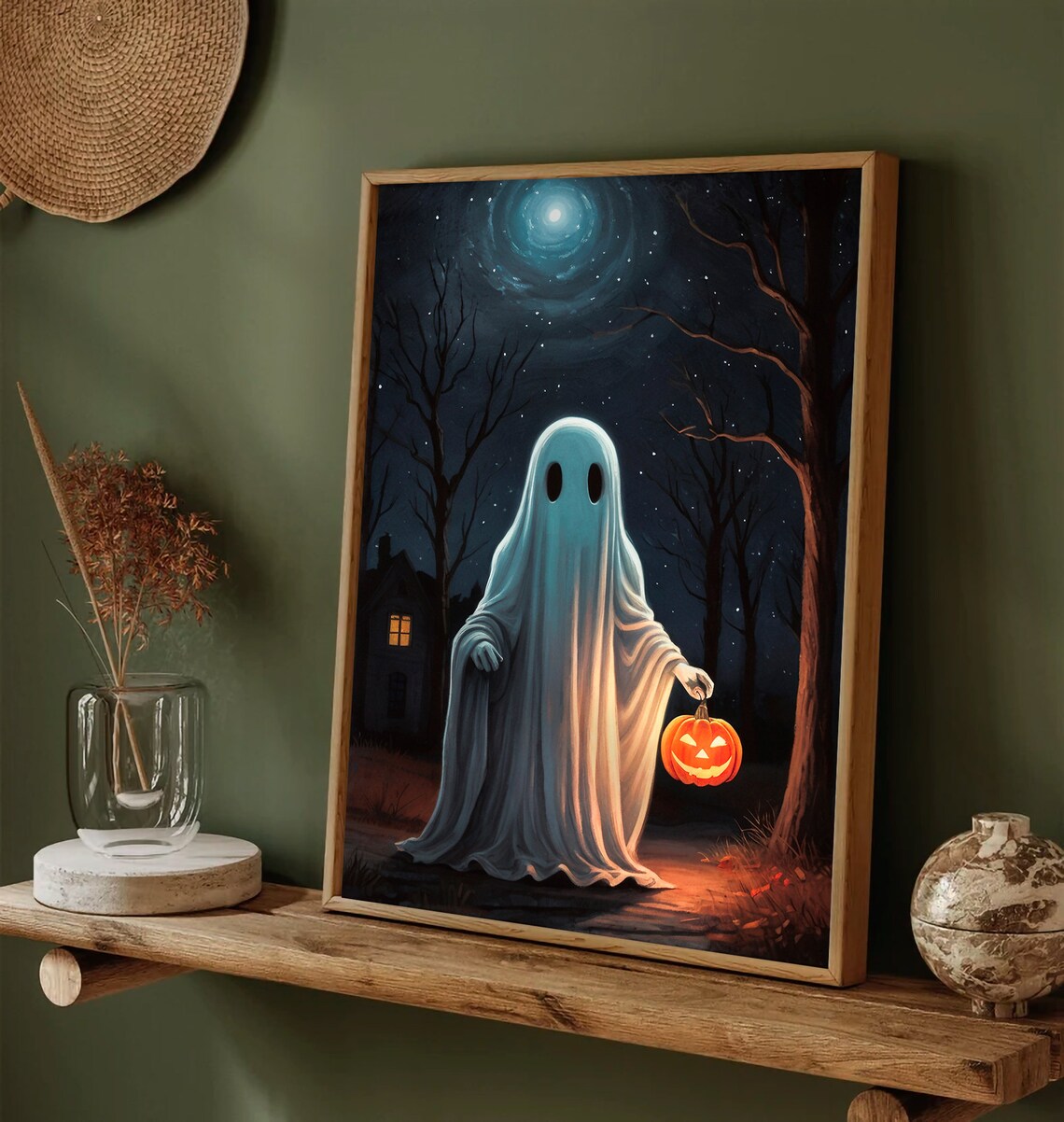 Ghost With A Jack O Lantern On A Spooky Moonlit Night In The Woods Art Print - Image 2