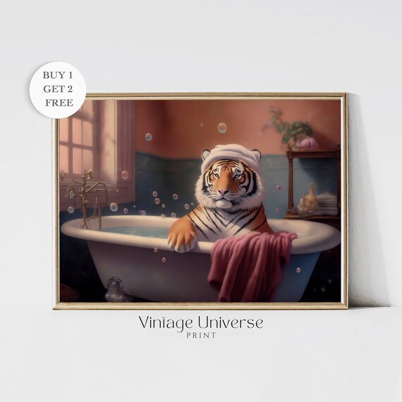 Tiger in a Bubble Bath Wearing a White Towel Turban Funny Bath Poster