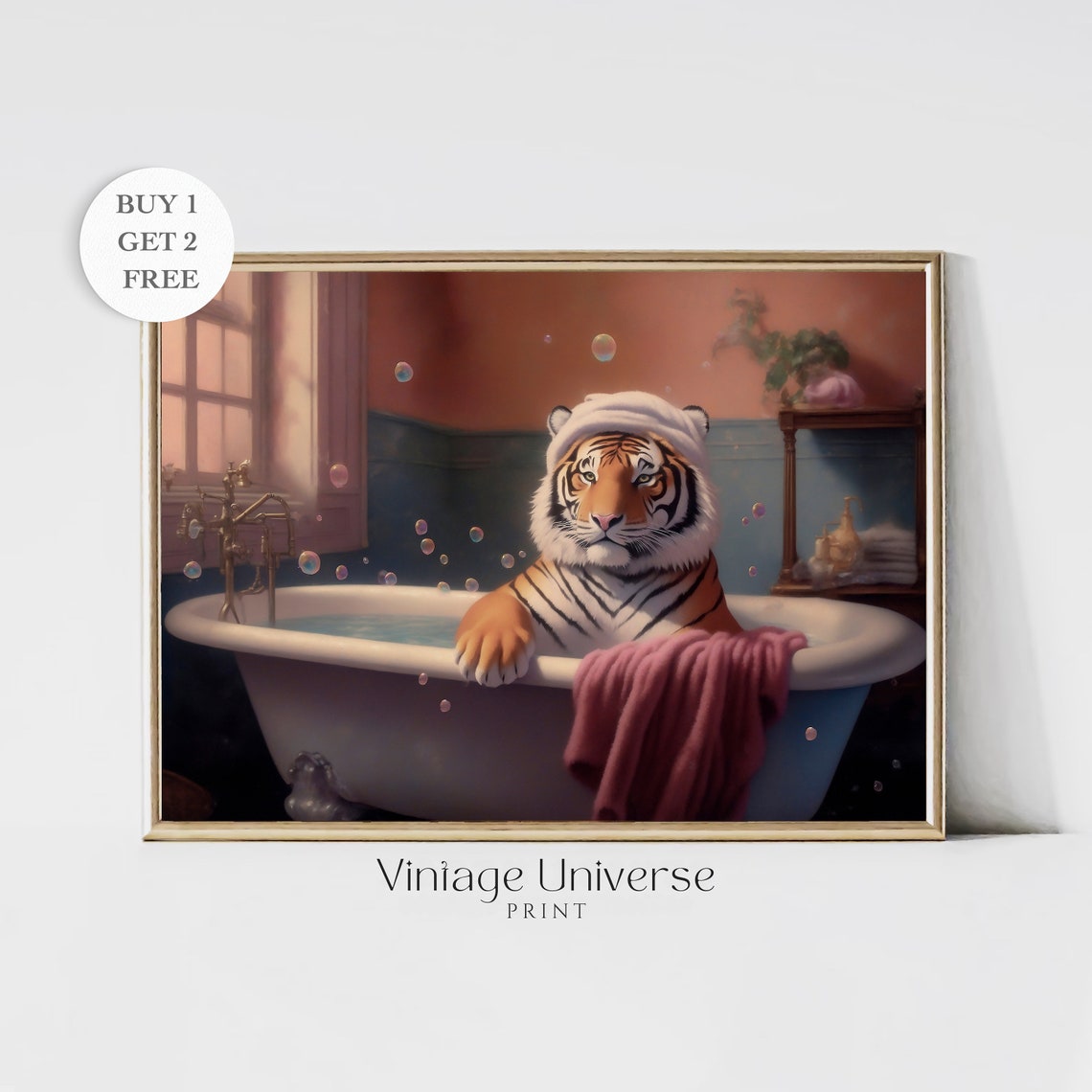 Tiger in a Bubble Bath Wearing a White Towel Turban Funny Bath Poster
