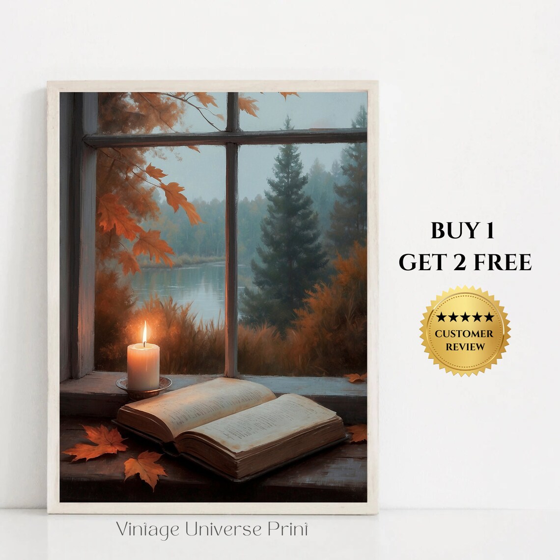 Candle And Open Book On Autumn Windowsill Overlooking Lake Painting Poster