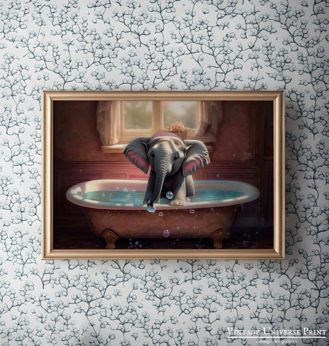 Baby Elephant Blowing Bubbles in a Vintage Clawfoot Bathtub Cute Poster - Image 5