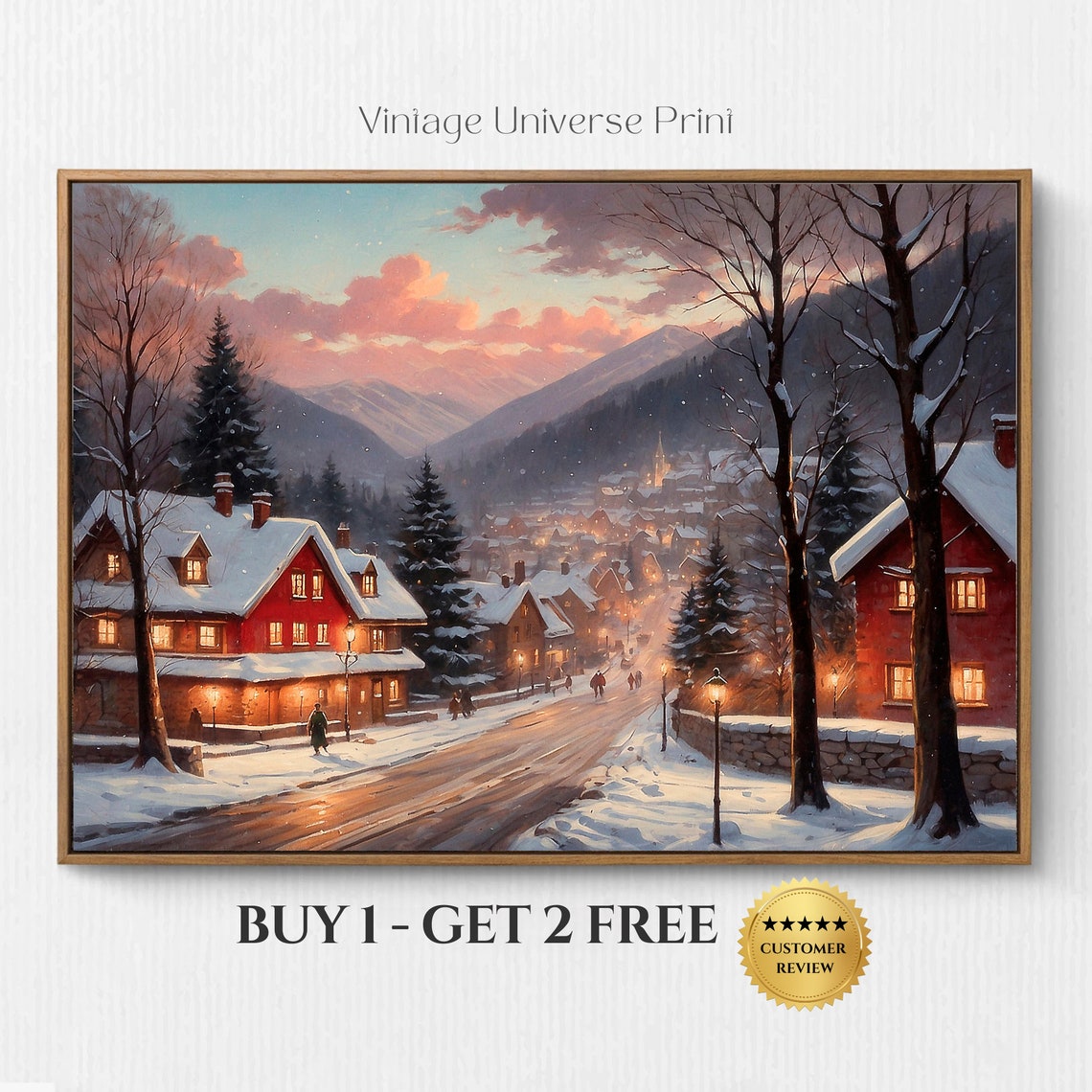 Vintage Christmas Town Print Winter Street Wall Art Christmas Village Print Holiday Painting Seasonal Home Decor Christmas Prntable