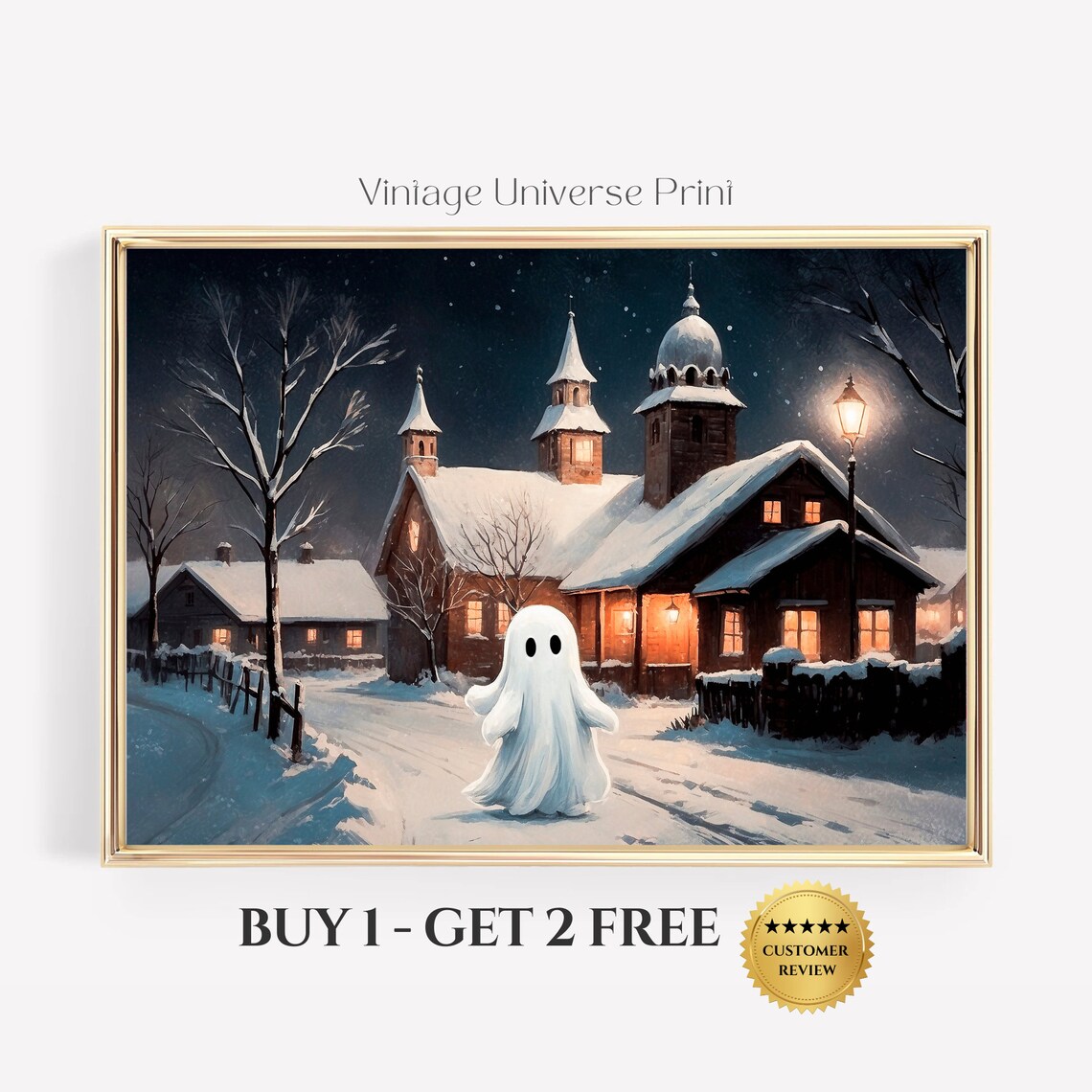 Ghost In The Vintage Winter Village Painting Art Country Christmas Art Print Winter Snowy Cottage Decor Ghost Retro Poster 37