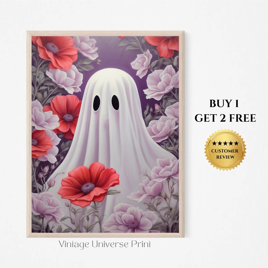 Sheet Ghost Peeking Through Red Poppies and Pink Blossoms Floral Poster