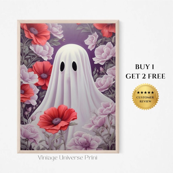 Sheet Ghost Peeking Through Red Poppies and Pink Blossoms Floral Poster