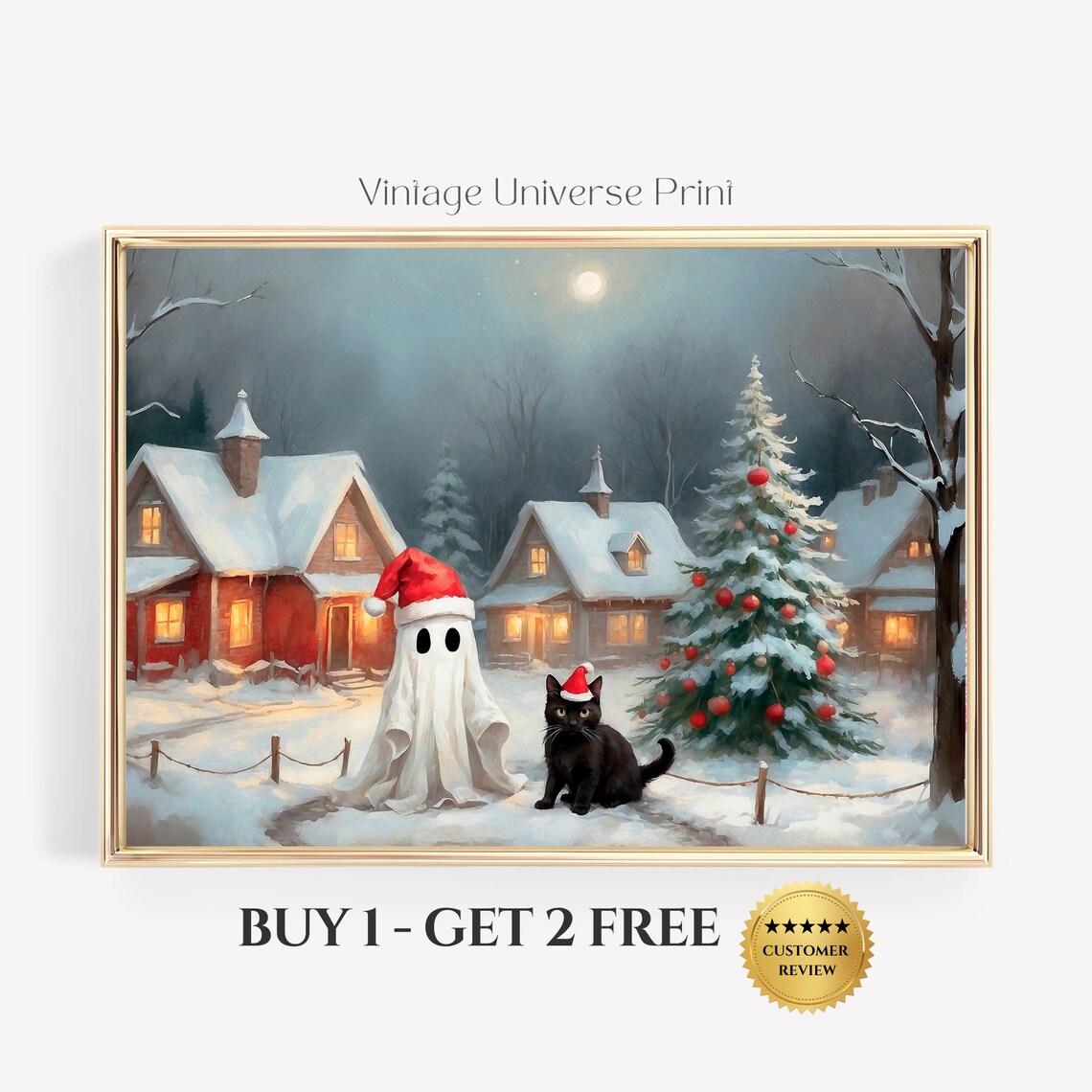 Ghost In The Christmas Snowy Country Village Landscape Painting Christmas Wall Art Print Christmas Tree Print Christmas House Decor 42