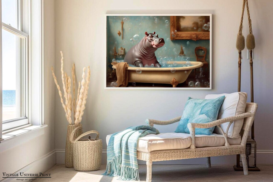 Smiling Hippo Relaxing in a Vintage Bathtub Full of Bubbles Funny Poster - Image 2