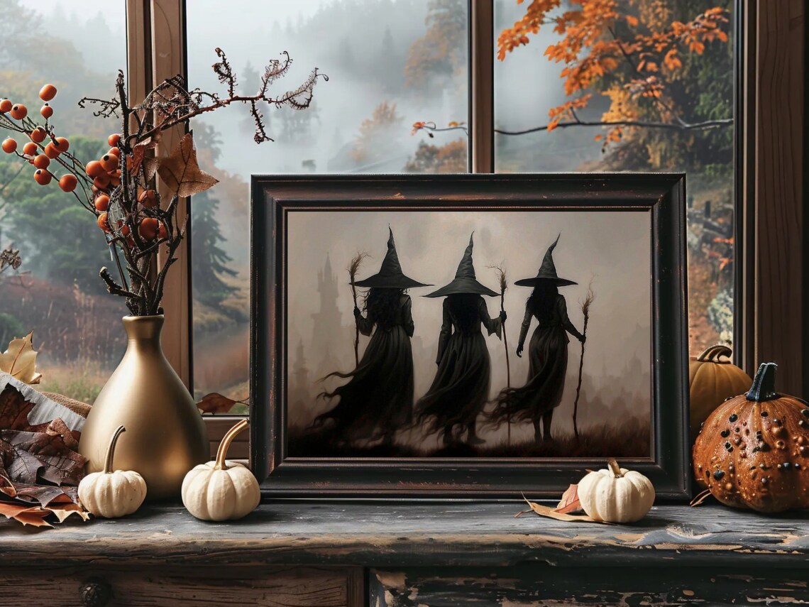 Three Witches with Brooms Walking into the Fog Moody Halloween Wall Art - Image 5