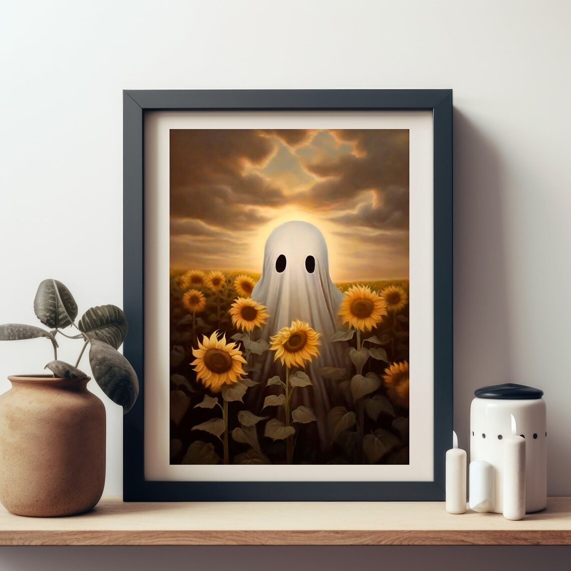 Ghost Standing In A Sunflower Field At Golden Sunset Halloween Poster - Image 4