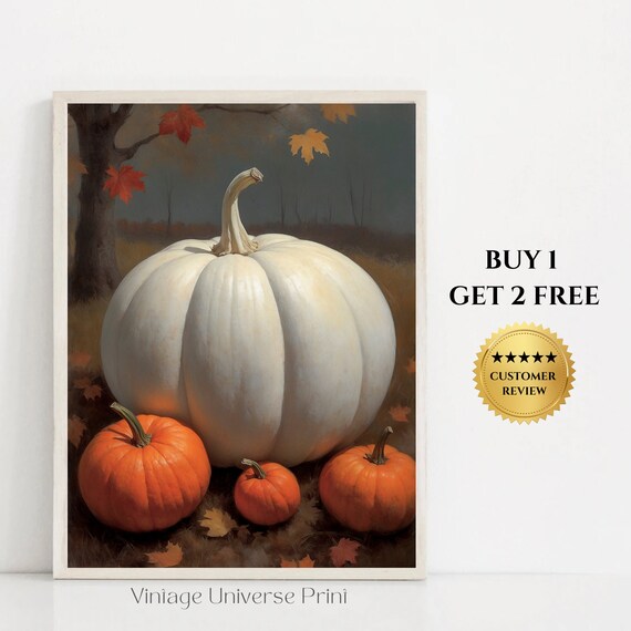 White Pumpkin With Orange Pumpkins Autumn Still Life Painting Poster