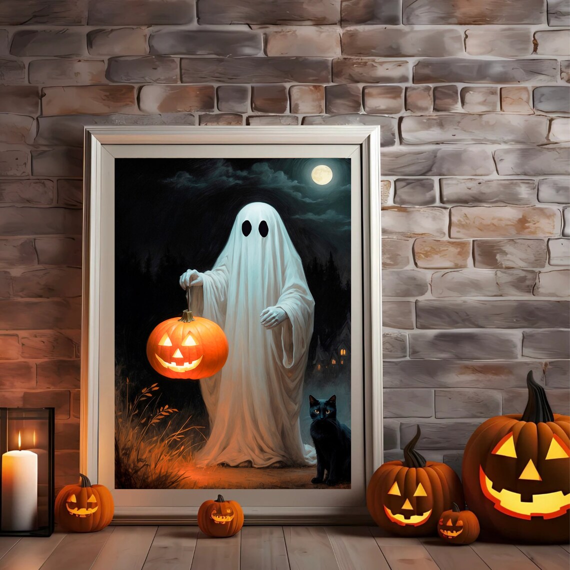 Ghost Carrying A Jack O Lantern Under A Full Moon With A Black Cat Art Print - Image 4