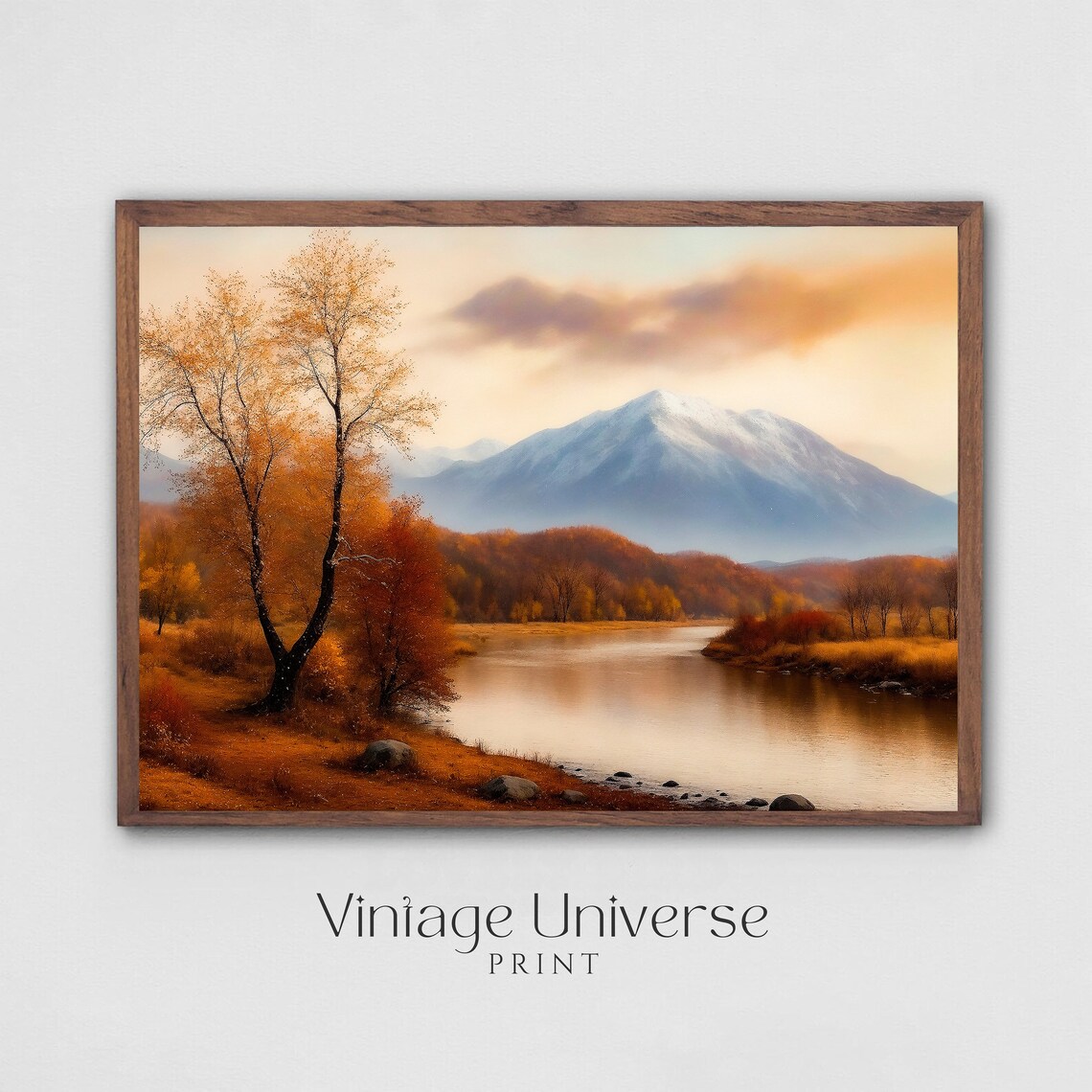 Autumn River Valley Snowy Mountain Vintage Oil Painting Poster - Image 5