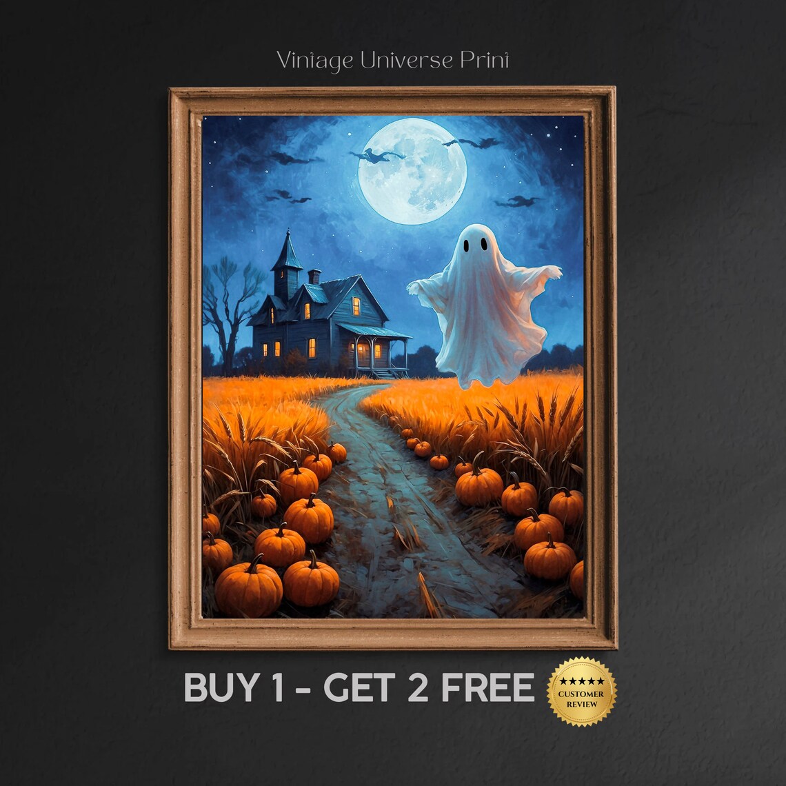 Cute Ghost Under Full Moon On Pumpkin Path By Old House Halloween Painting Poster
