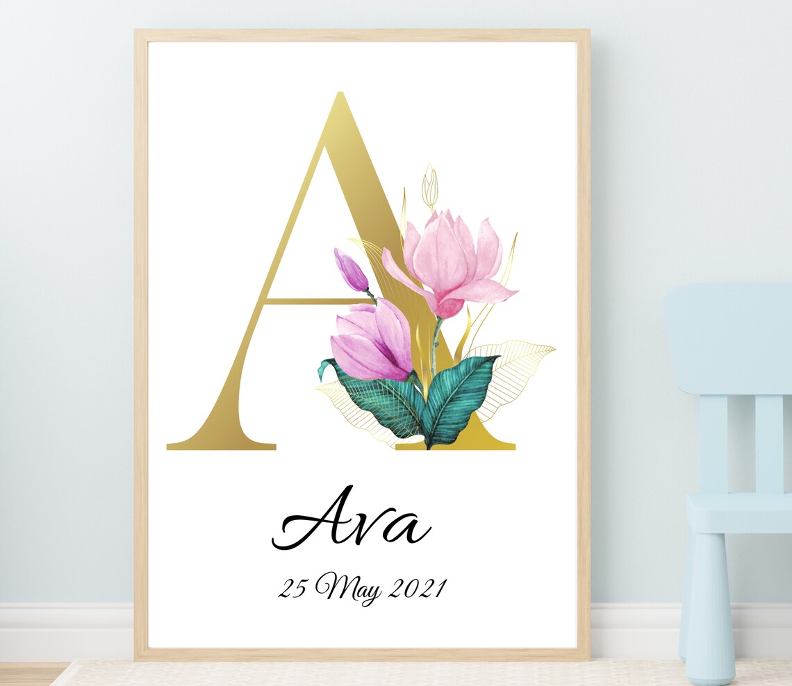 Personalised Floral Initial Birth Gift Gold Magnolia Poster Lily - Image 3