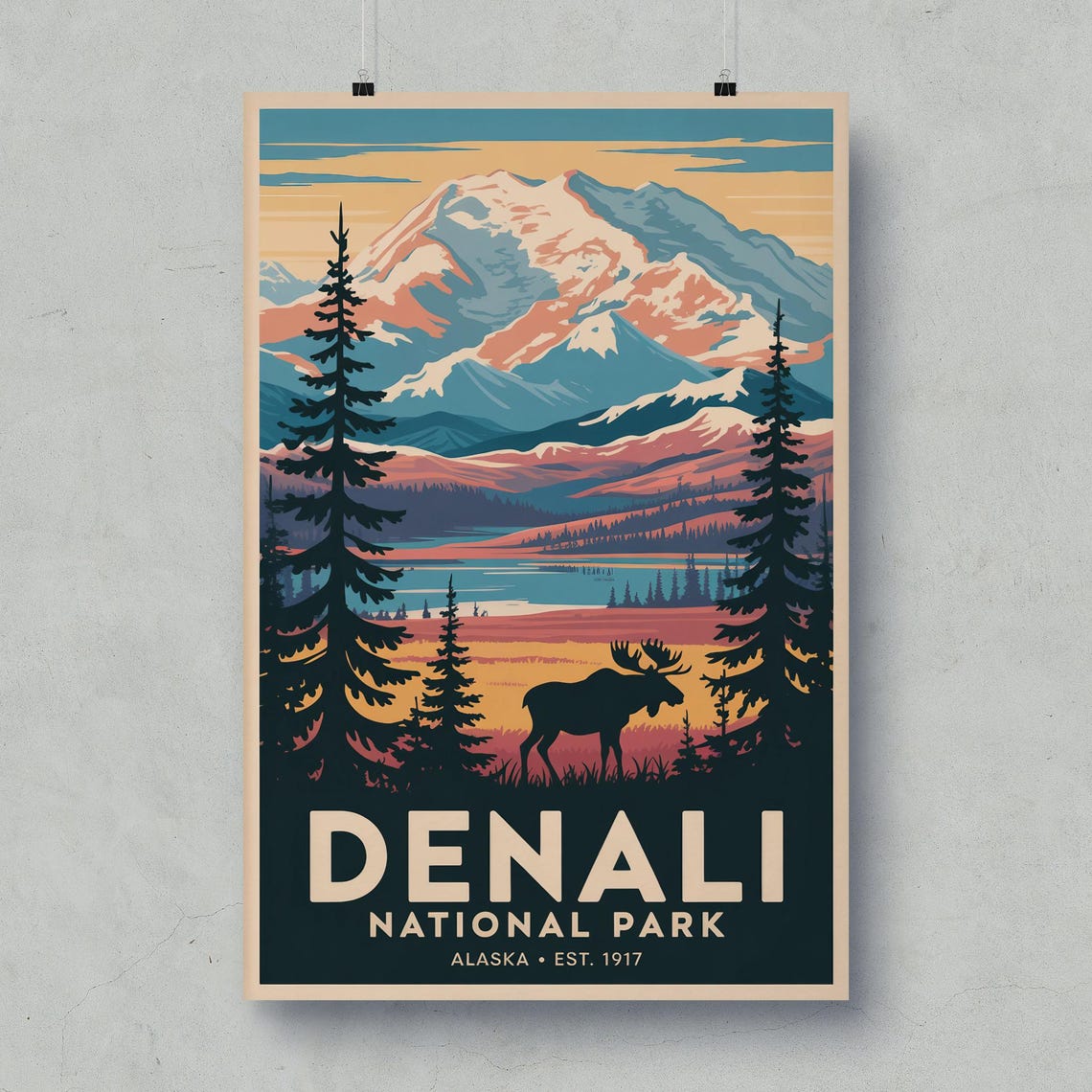 Denali National Park Vintage Alaska Moose Snowy Mountain Travel Poster