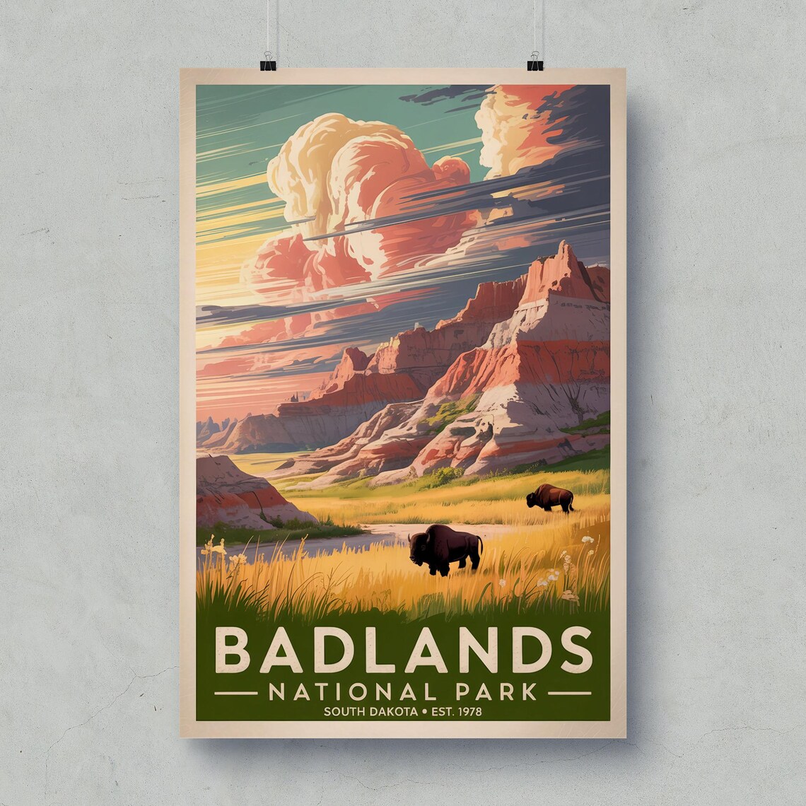 Badlands National Park South Dakota Bison Retro Travel Poster