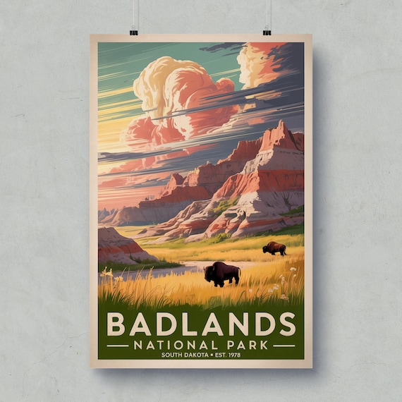 Badlands National Park South Dakota Bison Retro Travel Poster