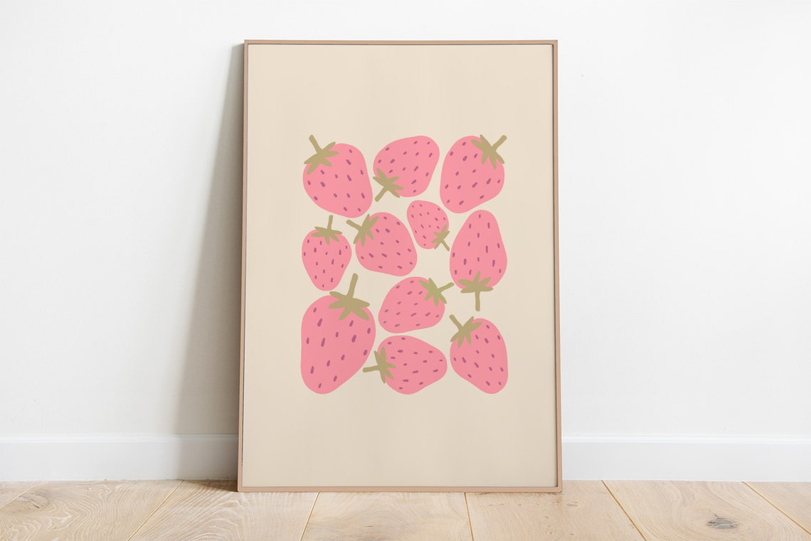 Sweet Pink Strawberry Scatter Pattern Cute Minimal Fruit Wall Art - Image 2
