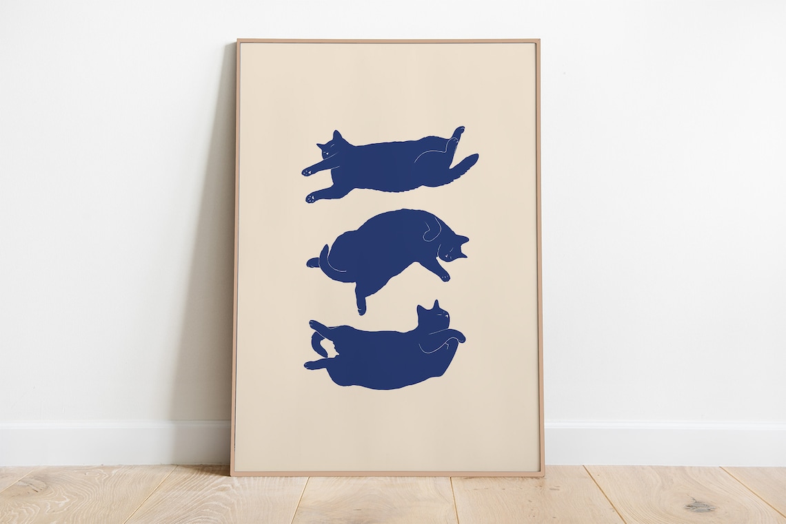 Lazy Cat Illustrated Art Print, Minimal Abstract