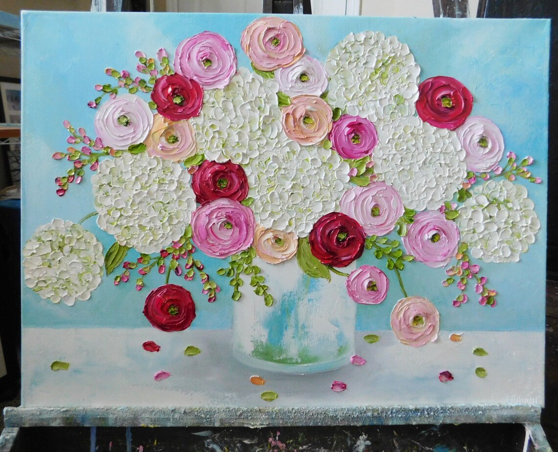 Custom White Hydrangea & Mixed Ranunculus Oil-Style Art Print - Image 4