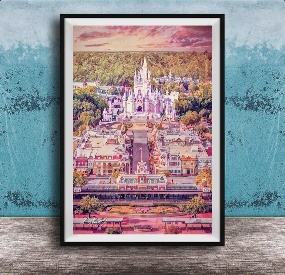 Disney Castle Watercolor Aerial Over Magic Kingdom Main Street Poster