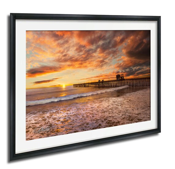Ocean Pier Silhouette Fiery Orange Sunset Beach Photography Poster