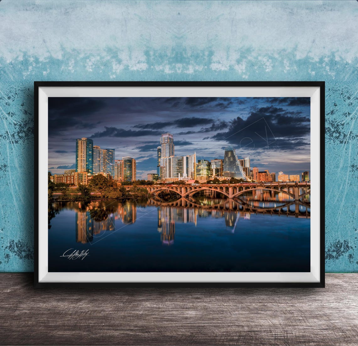 Austin Skyline at Dusk River Reflection Bridge City Lights Poster