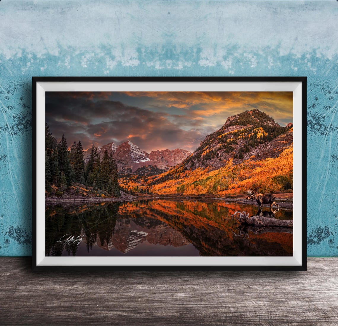 Maroon Bells Sunset Reflection with Moose Fall Colors Mountain Poster