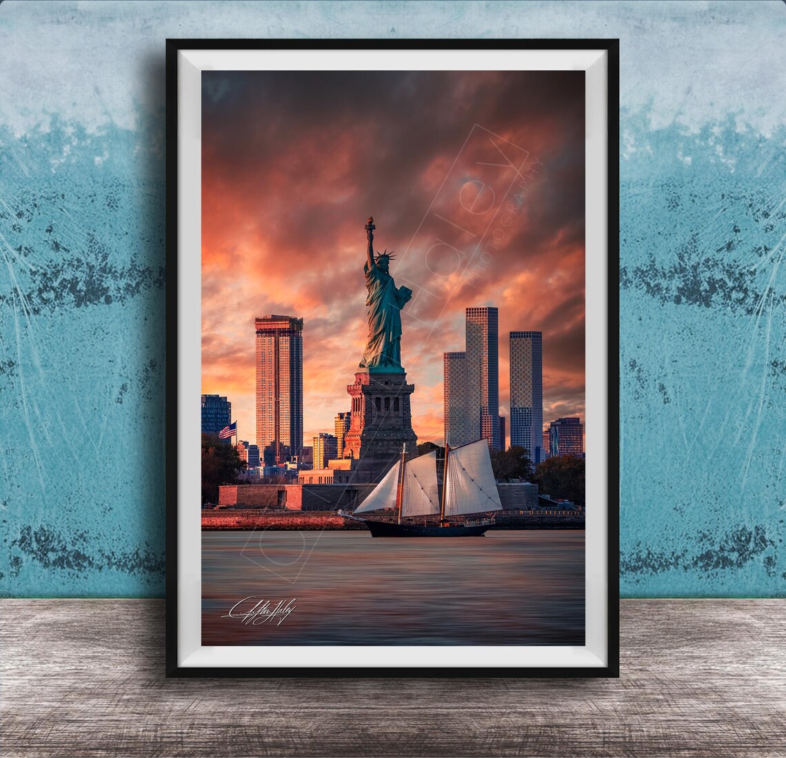 Statue Of Liberty At Sunrise With Sailboat New York Harbor Poster