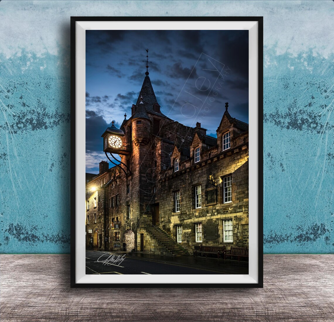 Edinburgh Tolbooth Houses Travel Poster, Blue Hour