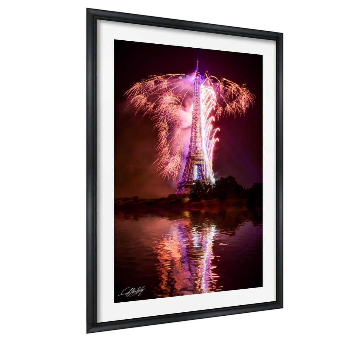 Eiffel Tower Pink Fireworks Reflection Night Paris Photo Poster