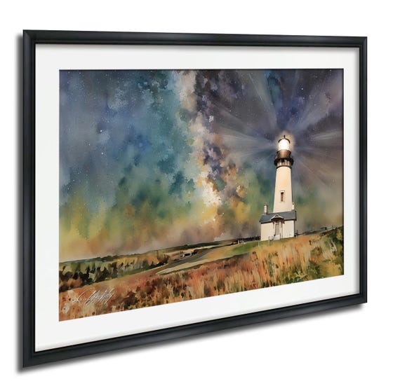 Yaquina Lighthouse Print Coastal Sunset Scene Watercolor Artwork