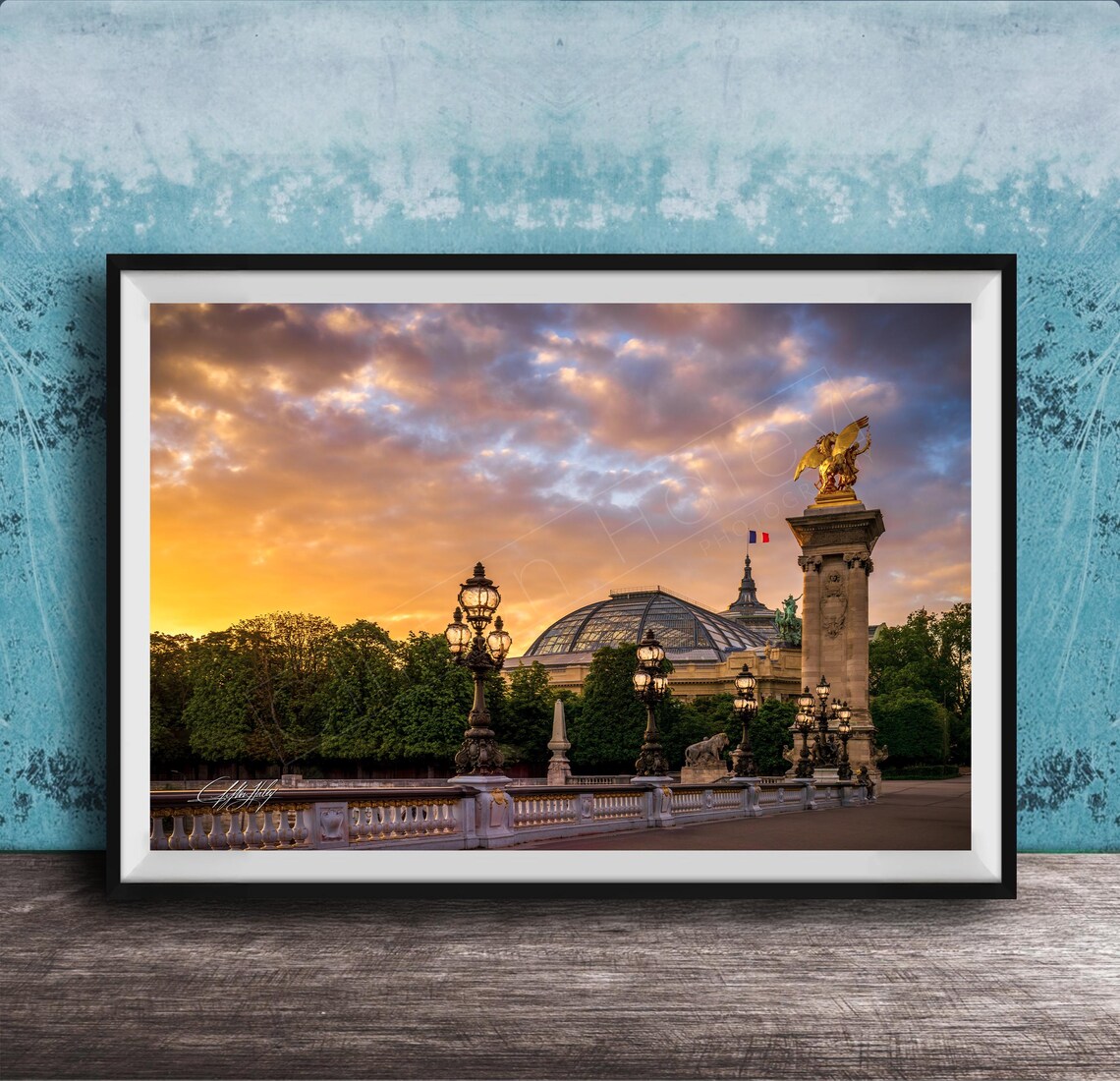 Alexander III Bridge Paris Sunrise Pink Sky Grand Palais Poster