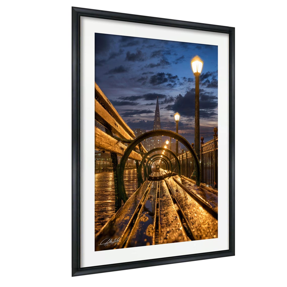 San Francisco Pier Wet Night Lamp Glow Skyline Reflections Print