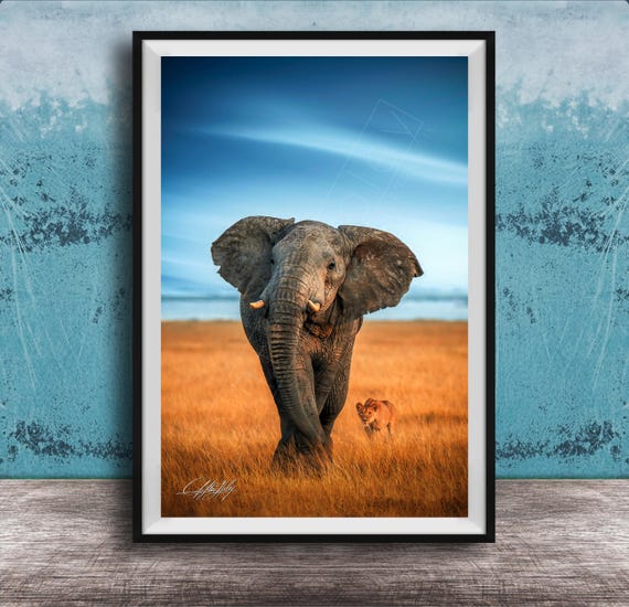 Safari Wall Art Elephant And Lion At Sunrise Boho Wildlife Print
