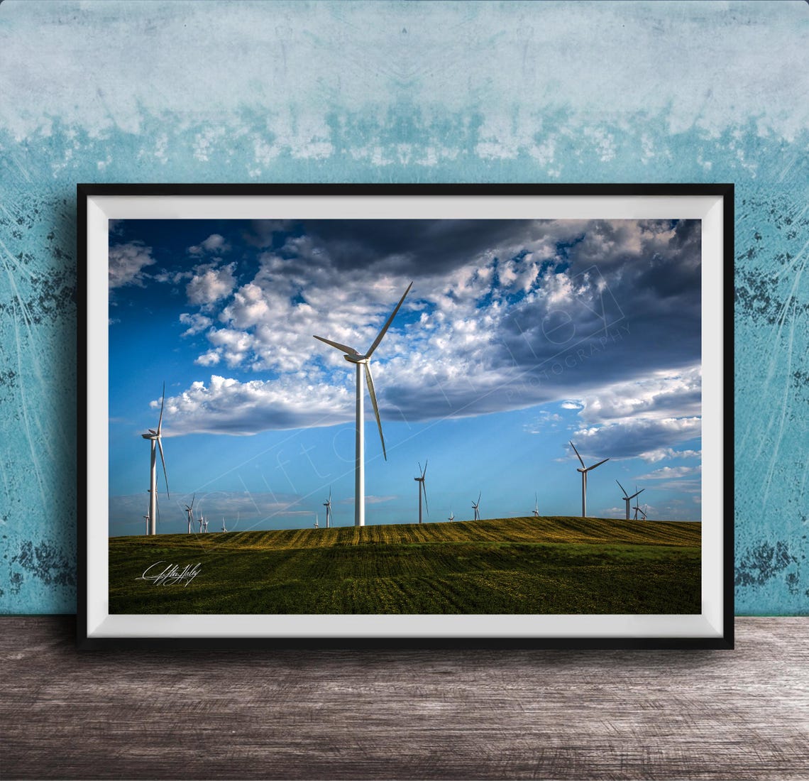 Wind Turbines On Green Rolling Hills Dramatic Sky Landscape Poster