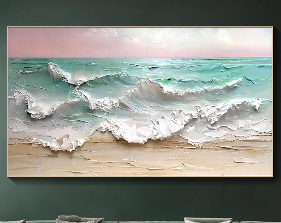 Ocean Waves White Foam Pastel Sky Sandy Shore Textured Seascape Poster